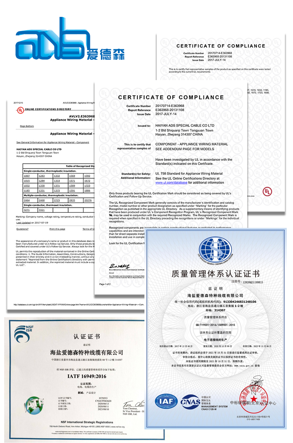 愛德森_美標(biāo)UL1007 PVC電子線證書